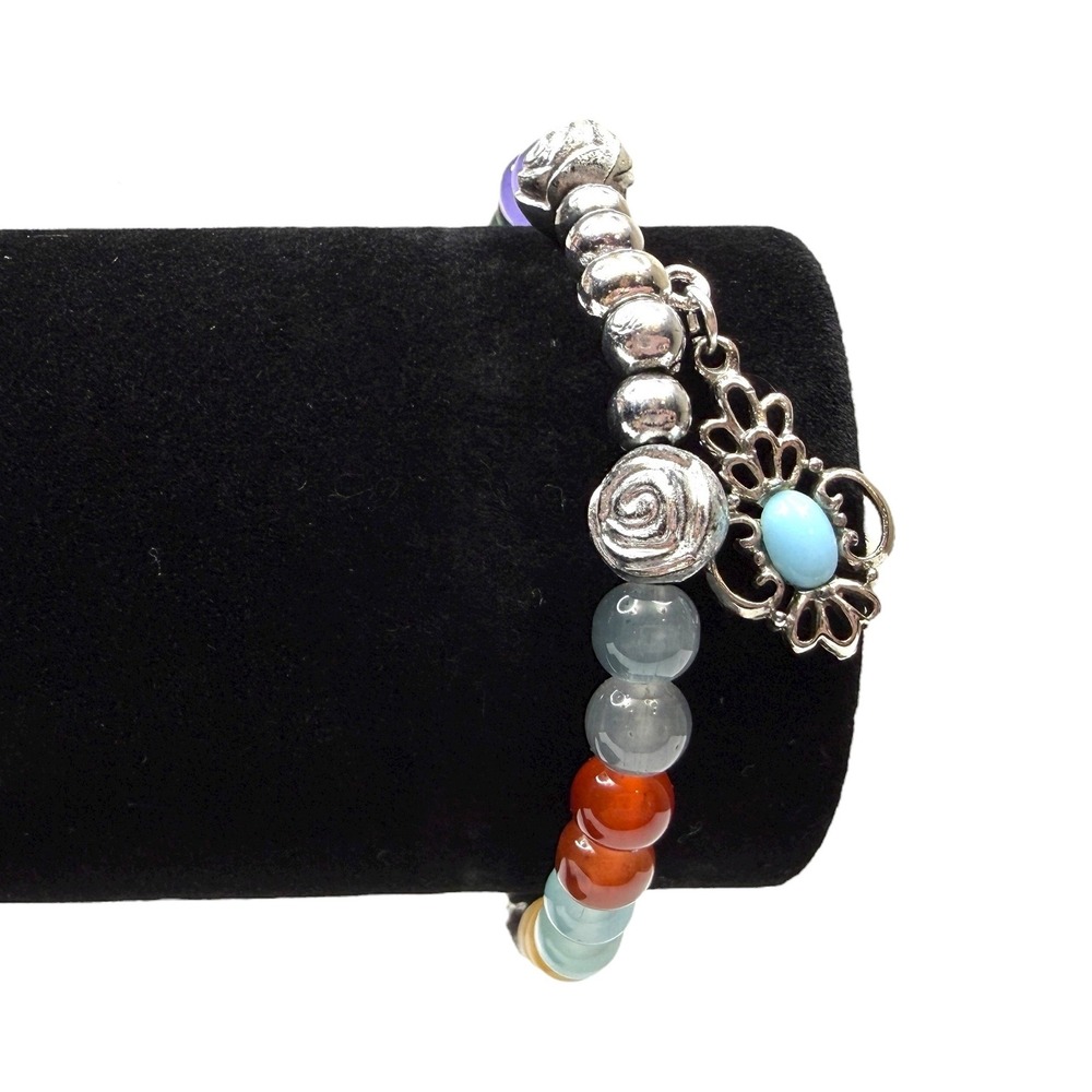 Colorful Glass Beaded Turquoise Charm Bracelet Silver Tone Stretch Band Jewelry